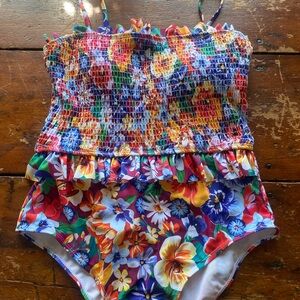 SHEIN Girls Floral Ruffle Smocked One-Piece Swimsuit - Multicolor